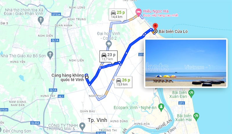 Theo Google Maps bạn có thể dễ dàng di chuyển đến vui chơi tại biển Cửa Lò chỉ tầm 26 phút | Từ sân bay Vinh vào thành phố