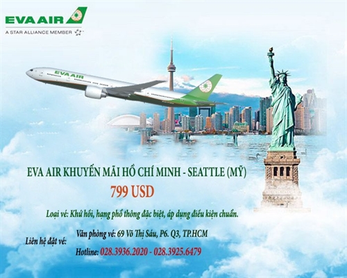 EVA Air khuyến mãi Tp.HCM đi Seattle Mỹ - $799 khứ hồi/người
