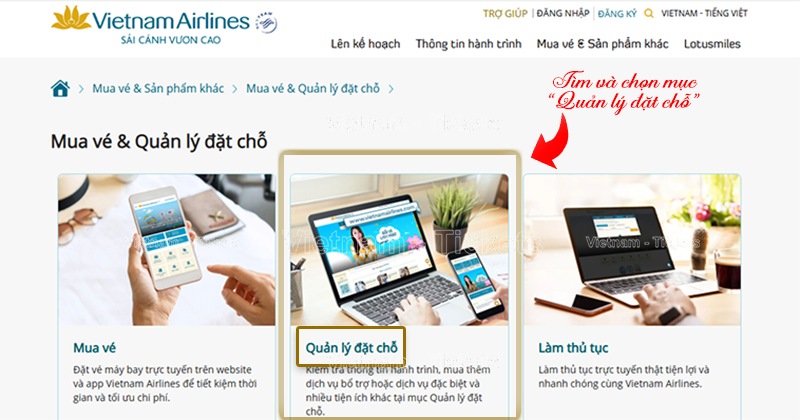 Tìm kiếm và chọn mục "Quản lý đặt chỗ" | Cách kiểm tra vé máy bay điện tử Vietnam Airlines