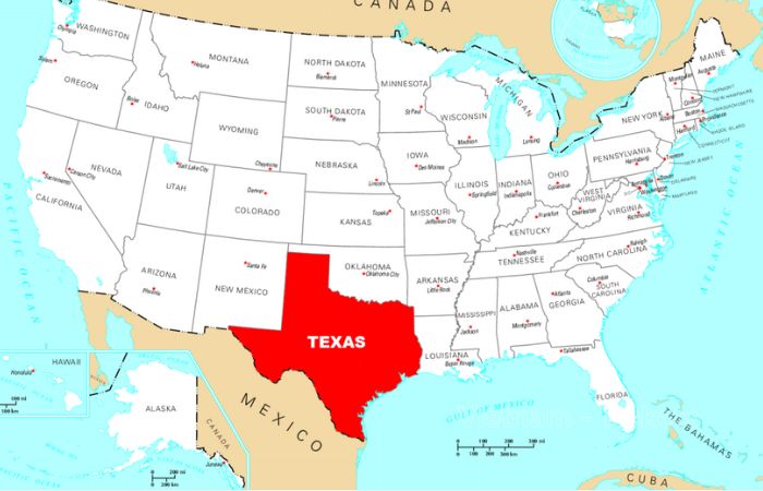 Vị trí của tiểu bang Texas tại Hoa Kỳ