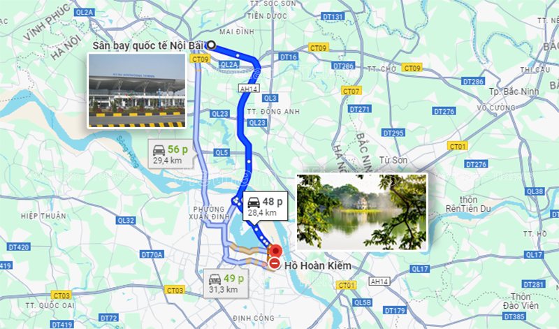 Quãng đường di chuyển ngắn nhất chỉ tầm 40 phút từ sân bay vào trung tâm Hà Nội. theo Google Maps | Giá vé máy bay Buôn Ma Thuột Hà Nội