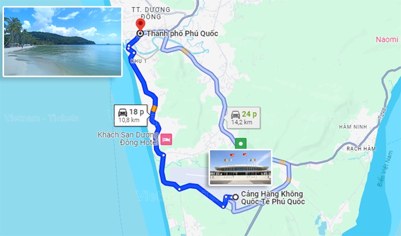 Quãng đường từ sân bay Phú Quốc về trung tâm khoảng 20 phút đi xe, theo Google Maps | Giá vé máy bay từ Cà Mau đi Phú Quốc