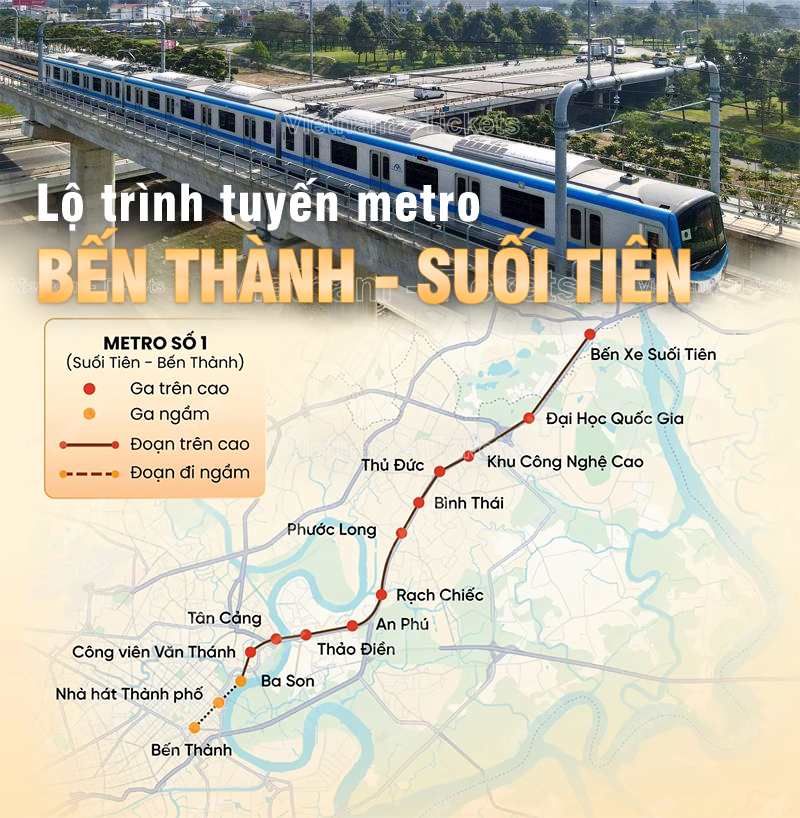 Tuyến metro Bến Thành Suối Tiên sẽ di chuyển theo lộ trình qua 14 ga