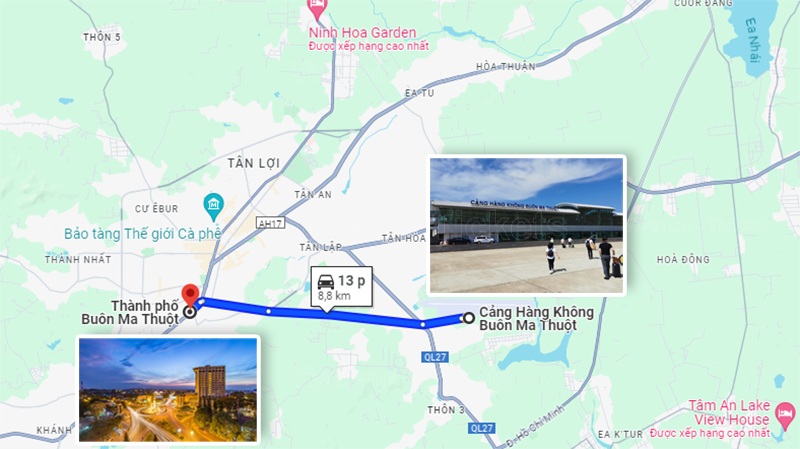 Từ sân bay đến trung tâm thành phố tầm 8km và thời gian di chuyển ước chừng mất khoảng 13 phút | Sân bay Buôn Ma Thuột Đắk Lắk