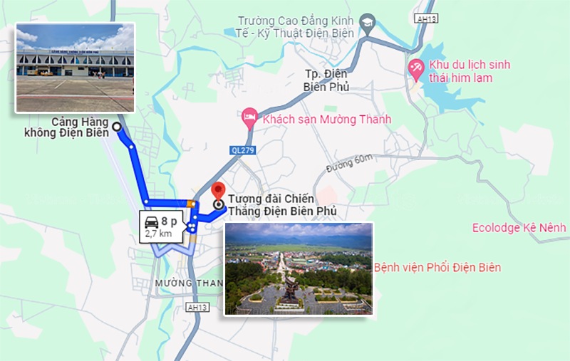 Từ sân bay đến tượng đài chiến thắng Điện Biên tầm 8 phút theo Google Maps | Sân bay Điện Biên Phủ