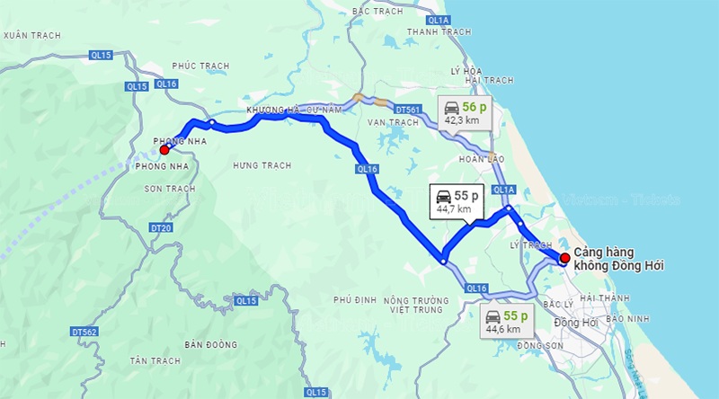 Khoảng cách từ sân bay Đồng Hới đến Vườn quốc gia Phong Nha Kẻ Bàng theo Google Maps | Sân bay Đồng Hới Quảng Bình