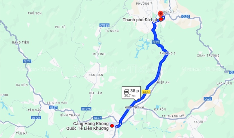 Khoảng cách từ sân bay đến trung tâm Đà Lạt tầm 31km theo Google Maps | Sân bay Liên Khương Đà Lạt