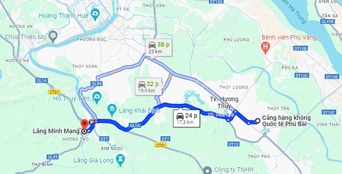 Khoảng cách từ sân bay Phú Bài đến Lăng Minh Mạng theo Google Maps | Sân bay Phú Bài Huế