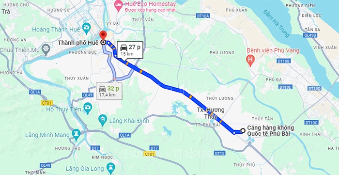 Di chuyển từ sân bay Phú Bài đến trung tâm Tp Huế 15km theo Google Maps | Chơi gì ở Huế 1 ngày