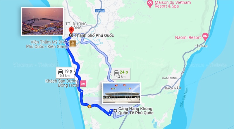 Theo Google Maps quãng đường từ sân bay Phú Quốc đến trung tâm khoảng 10km, mất 20 phút di chuyển | Sân bay quốc tế Phú Quốc