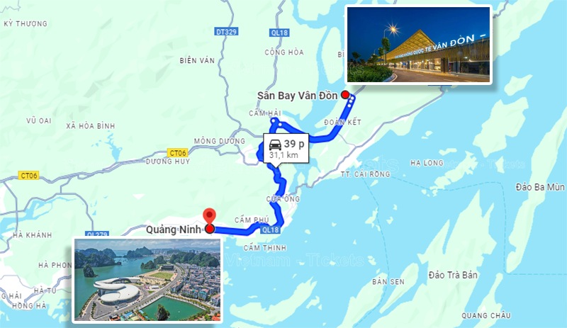 Theo Google Maps từ sân bay về trung tâm Quảng Ninh khoảng 39 phút | Sân bay Vân Đồn Quảng Ninh