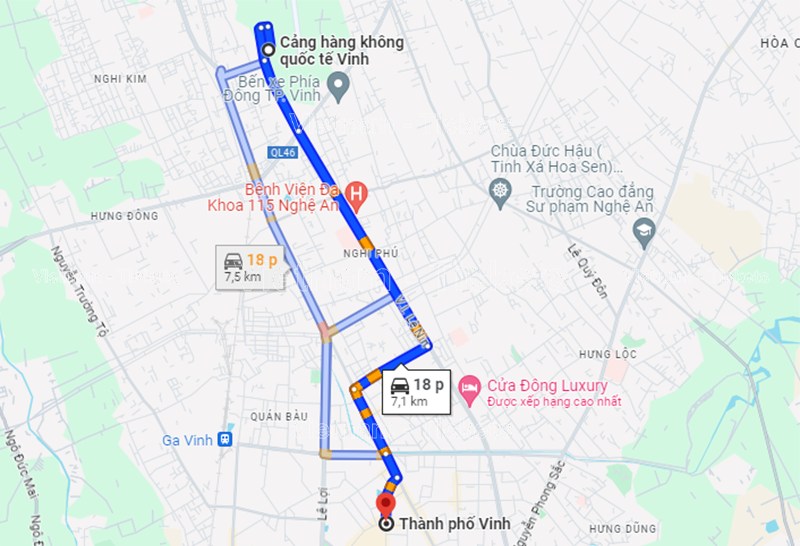 Khoảng cách từ sân bay Vinh Nghệ An đến Tp.Vinh khoảng 6km theo Google Maps