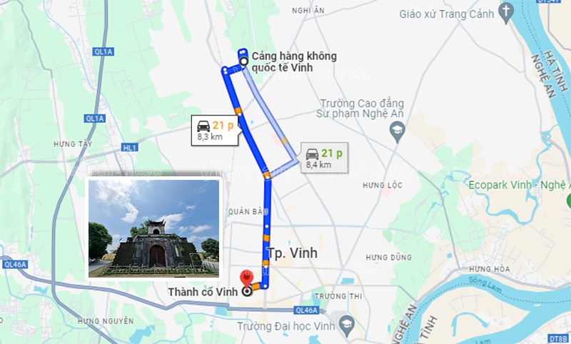 Khoảng cách từ sân bay đến Thành Cổ Vinh theo Google Maps | Sân bay Vinh Nghệ An