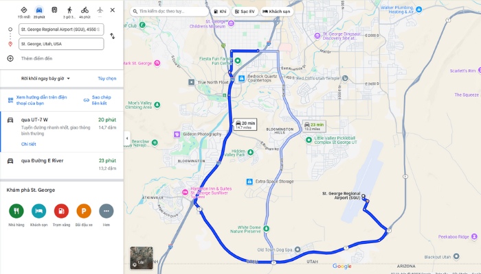 Thời gian và tuyến đường vô trung tâm thành phố St. George
