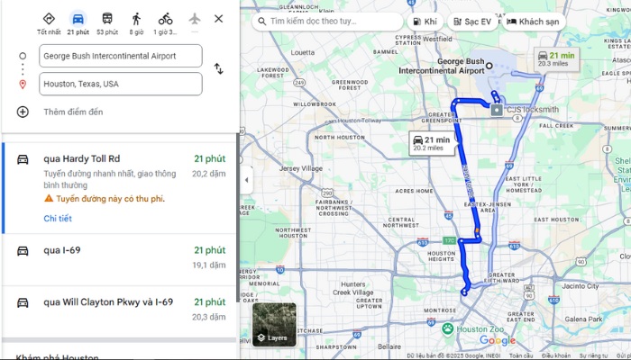 Thời gian và tuyến đường di chuyển từ IAH vô trung tâm
