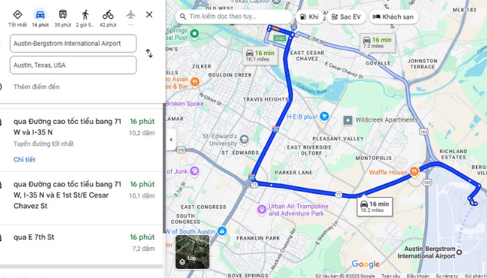 Thời gian và tuyến đường vô trung tâm thành phố Austin