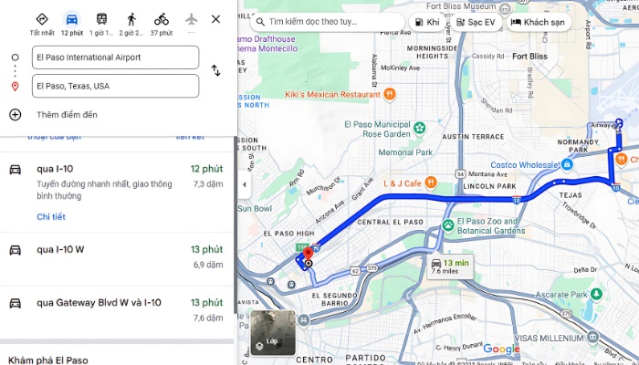 Thời gian và tuyến đường vô trung tâm thành phố El Paso