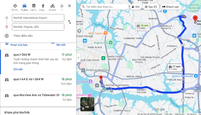 Thời gian và tuyến đường di chuyển vô thành phố Norfolk