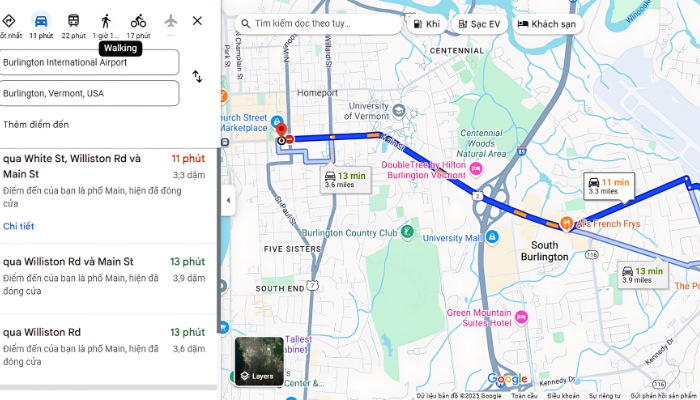 Tuyến đường và thời gian di chuyển vô thành phố Burlington