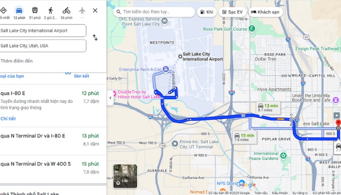Tuyến đường và thời gian di chuyển vô trung tâm thành phố Salt Lake City