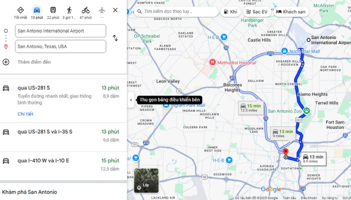 Thời gian và tuyến đường vô trung tâm thành phố San Antonio