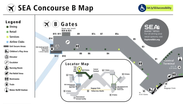 Sơ đồ sảnh chờ B sân bay quốc tế Seattle-Tacoma