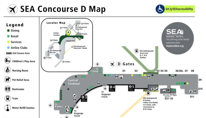 Sơ đồ sảnh chờ D sân bay quốc tế Seattle-Tacoma