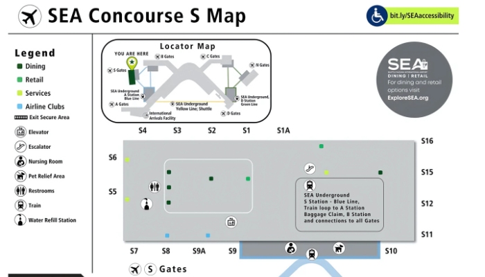 Sơ đồ sảnh chờ S sân bay quốc tế Seattle-Tacoma