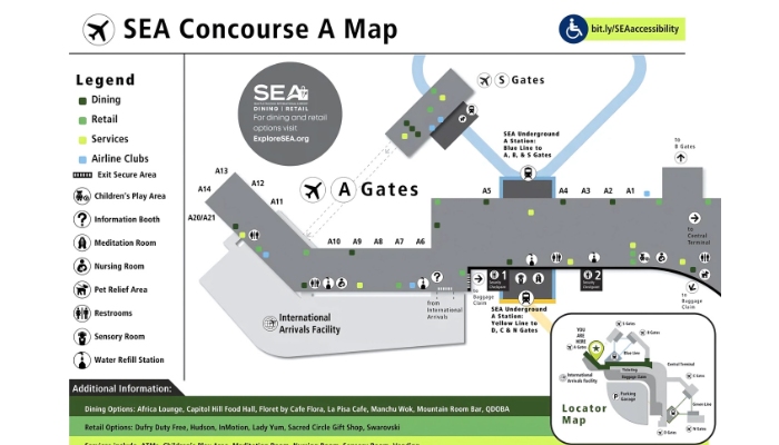 Sơ đồ sảnh chờ A sân bay quốc tế Seattle-Tacoma