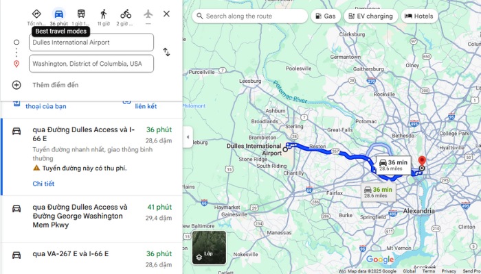 Tuyến đường và thời gian di chuyển vô thành phố Washington
