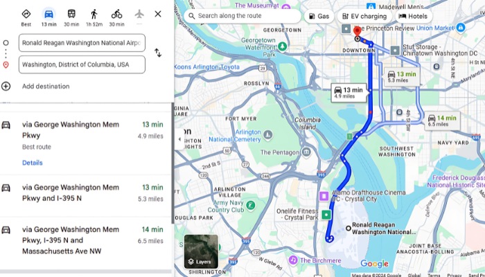 Thời gian và tuyến đường từ DCA vô trung tâm thành phố Washington