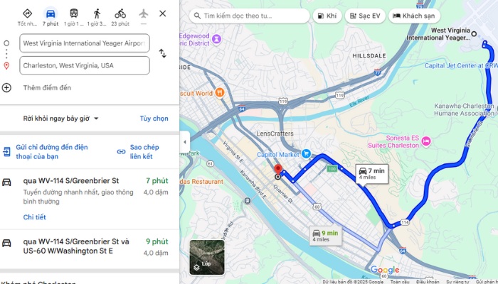 Tuyến đường và thời gian di chuyển từ CRW vô trung tâm Charleston