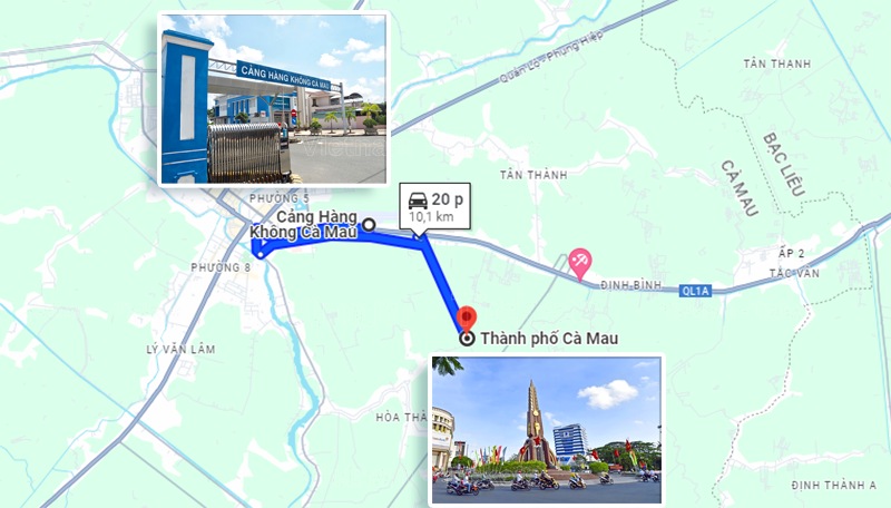 Quãng đường từ sân bay vào trung tâm thành phố khoảng 20 phút, theo Google Maps | Từ sân bay Cà Mau đi thành phố