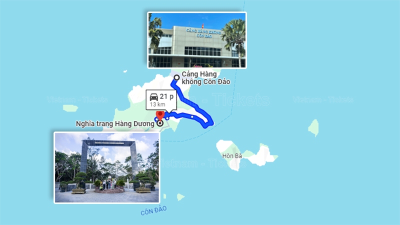 Từ sân bay đến Nghĩa trang Hàng Dương khoảng 13km, di chuyển bằng ô tô tầm 21 phút | Từ sân bay Côn Đảo về trung tâm