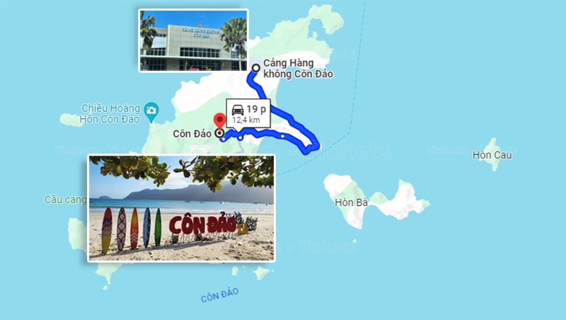Từ sân bay Côn Đảo về trung tâm khoảng 14km tầm 19 phút di chuyển, theo Google Maps