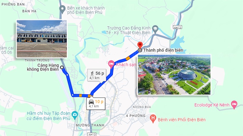 Theo Google Maps từ sân bay Điện Biên về trung tâm khoảng 4,1km | Từ sân bay Điện Biên về Điện Biên