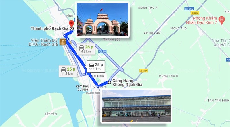 Với khoảng cách 11,3km bạn sẽ di chuyển với thời gian tầm 25 phút | Từ sân bay Rạch Giá về trung tâm