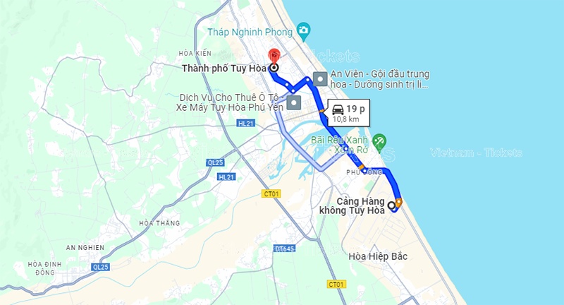 Từ sân bay sẽ di chuyển khoảng 10.8km để vào trung tâm thành phố Tuy Hòa | Từ sân bay Tuy Hòa về Phú Yên