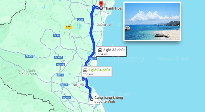 Theo Google Maps bạn có thể di chuyển đến tham quan biển Sầm Sơn Thanh Hóa khoảng hơn 2 giờ 30 phút | Từ sân bay Vinh vào thành phố