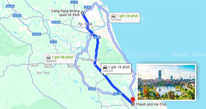Theo Google Maps bạn có thể đến Hà Tĩnh chỉ hơn 1 giờ đồng hồ, khá thuận tiện để bạn khám phá vẻ đẹp nơi đây | Từ sân bay Vinh vào thành phố