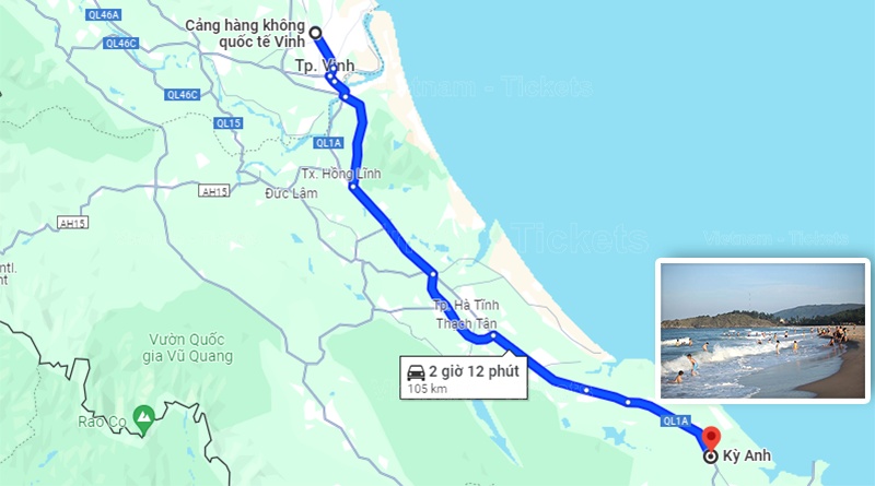 Theo Google Maps bạn có thể di chuyển đến thị xã Kỳ Anh vui chơi tắm biển Kỳ Xuân chỉ khoảng hơn 2 giờ | Từ sân bay Vinh vào thành phố