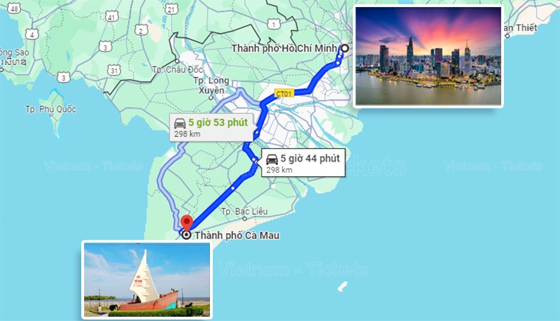 Khoảng cách đường bộ từ Tp.HCM đi Cà Mau tầm 298km, theo Googel Maps | Từ thành phố HCM đi Cà Mau bao nhiêu km