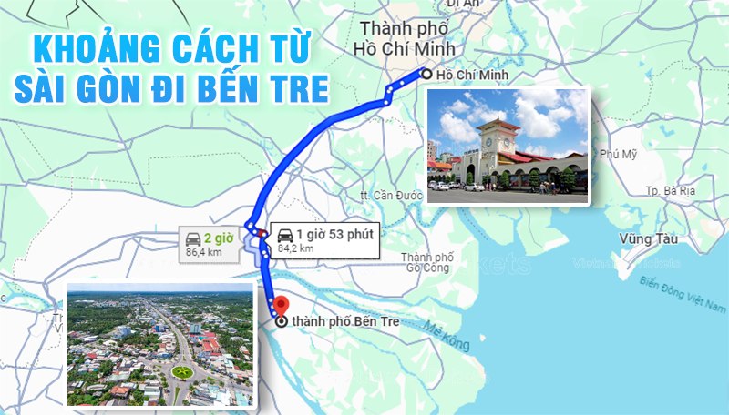 Khoảng cách đường bộ từ Sài Gòn đi Bến Tre là 84,2km | Từ Tp.HCM đi Bến Tre bao nhiêu km