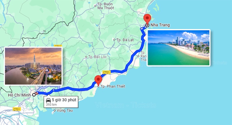 Theo Google Maps khoảng cách di chuyển bằng đường bộ 393km và khoảng 5 giờ 30 phút | Từ Tp.HCM đi Nha Trang bao nhiêu km