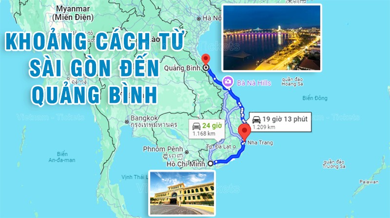 Theo Google Maps khoảng cách đường bộ giữa 2 điểm Sài Gòn và Quảng Bình là 1.209km | Từ Tp.HCM đi Quảng Bình bao nhiêu km