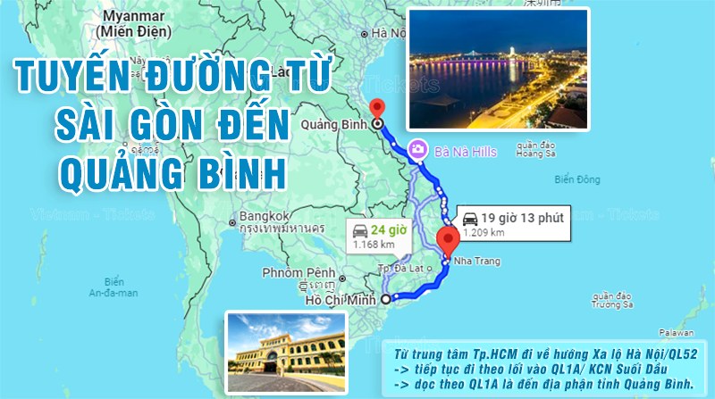 Từ Sài Gòn bạn có thể đi theo tuyến đường này để đến Quảng Bình | Từ Tp.HCM đi Quảng Bình bao nhiêu km