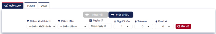 bảng công cụ tìm kiếm chuyến bay tại vietnam tickets theo địa điểm, thời gian, số lượng người đi, loại vé