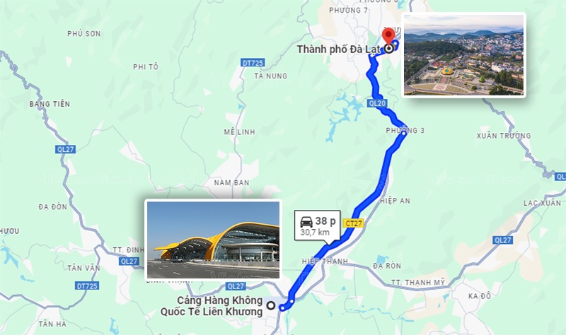 Quãng đường từ sân bay vào trung tâm Đà Lạt với thời gian ước lượng tầm 50 phút, theo Google Maps | Vé máy bay Cà Mau Đà Lạt