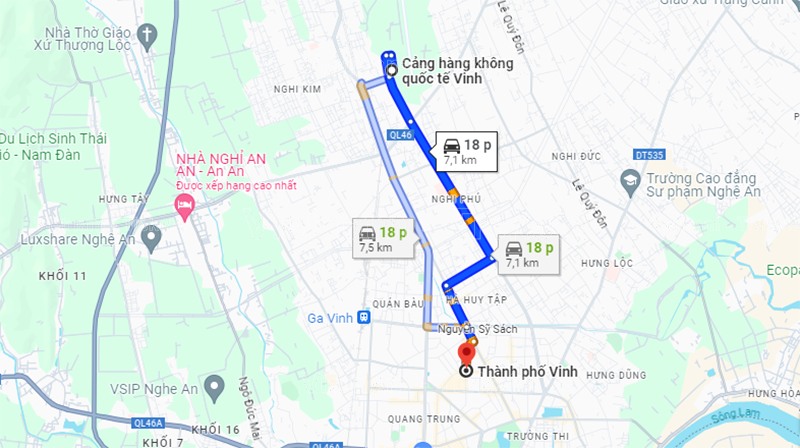 Bạn có thể lựa chọn taxi vào trung tâm thành phố Vinh với thời gian 18 phút, theo Google Maps | Vé máy bay Cần Thơ Vinh 