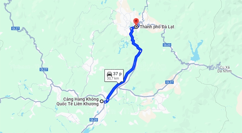 Theo Google Maps, từ trung tâm TP.Đà Lạt đến sân bay Liên Khương khoảng 37 phút với chặng đường 30km | Vé máy bay Đà Lạt Hải Phòng